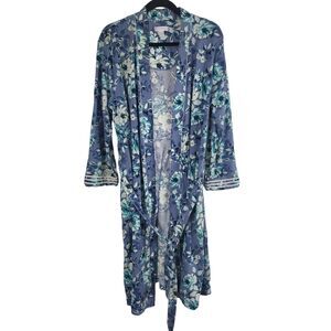 Carol Hockman Robe L Womens Long Sleeve Blue Floral Pockets Tie Waist Sleepwear